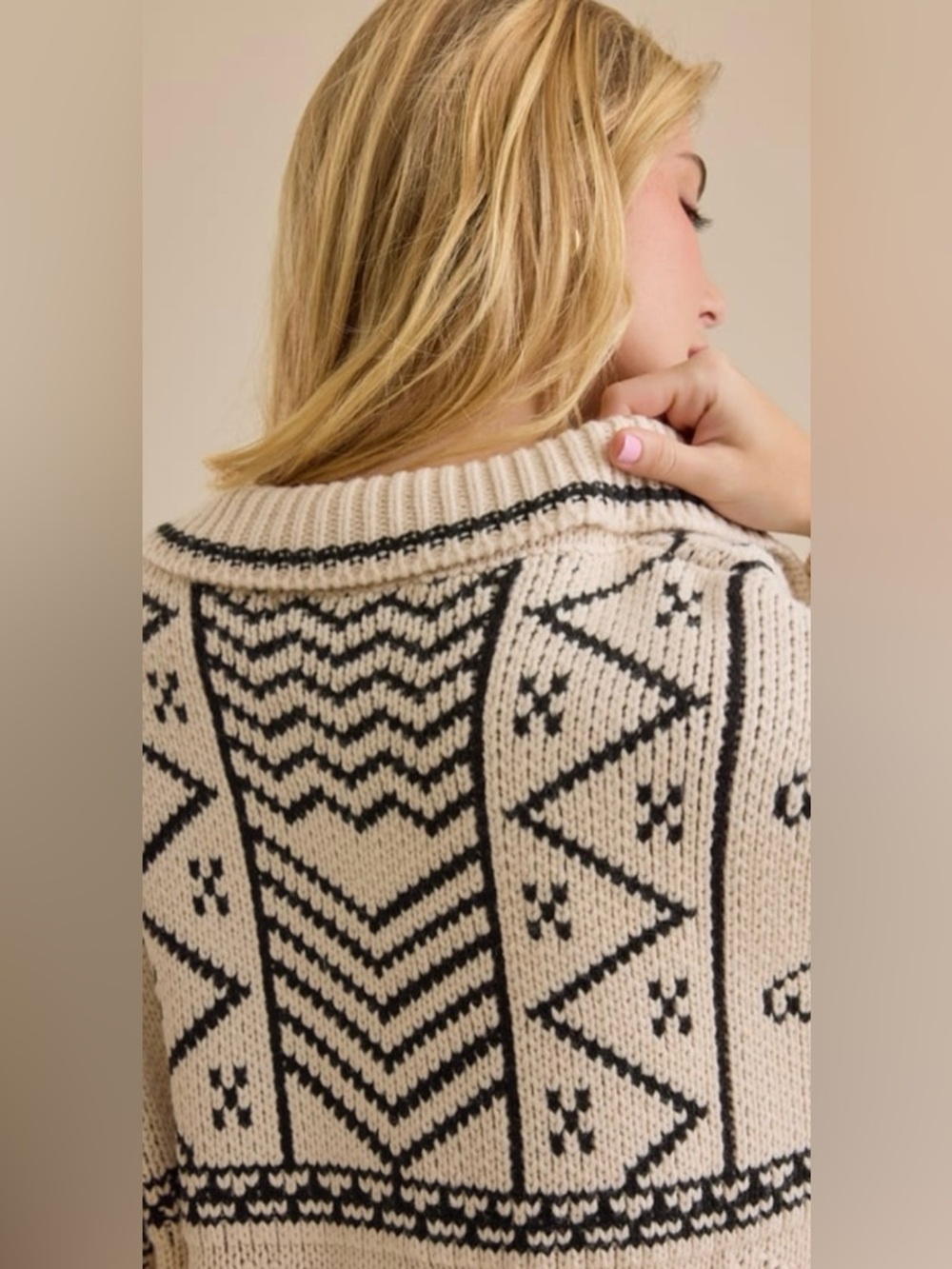 Altar'd State Naya Fair Isle Cardigan Cream Black Chunky Knit - Picture 3 of 10